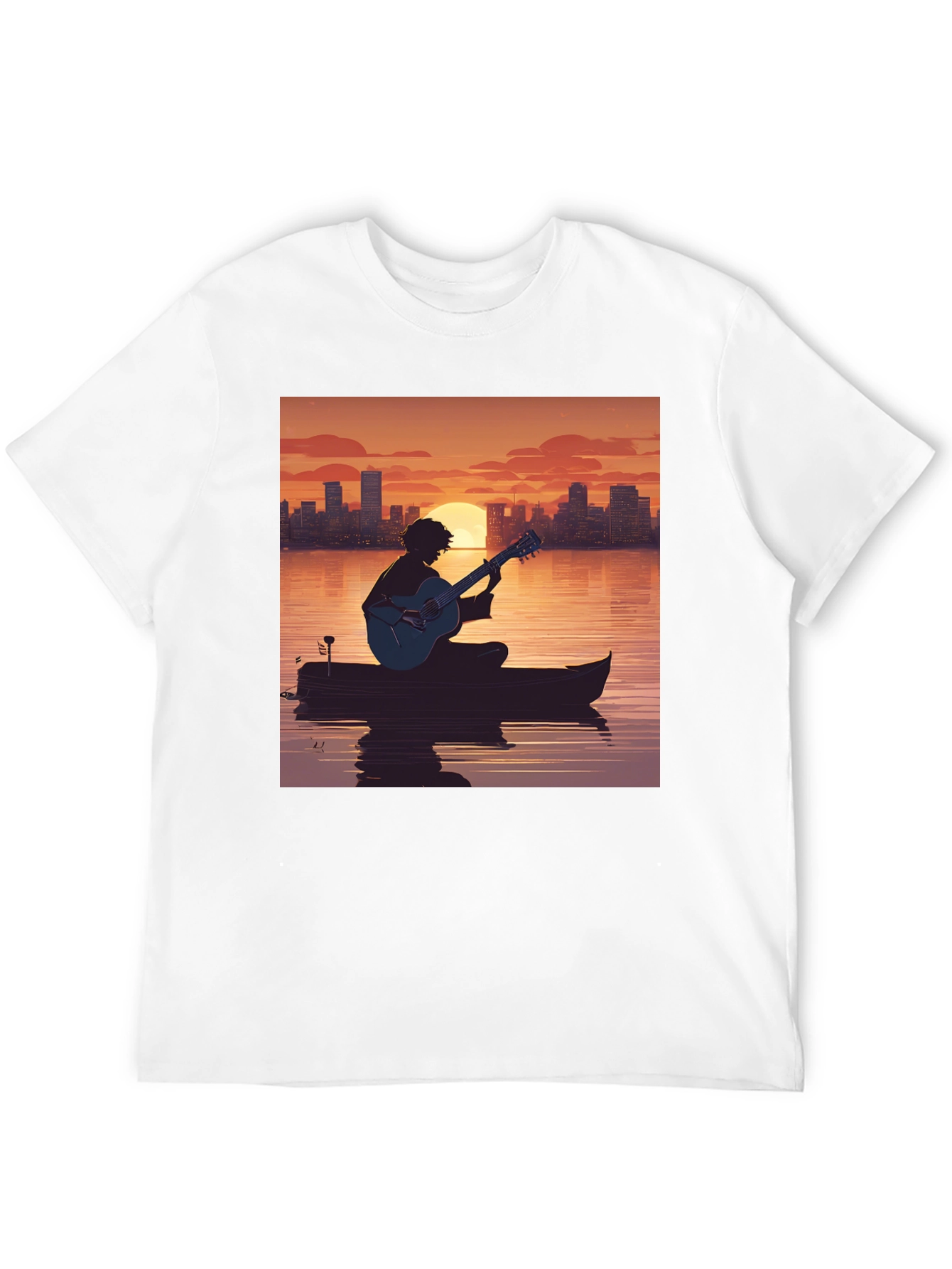 Sunset Guitarist T-Shirt - City Skyline Silhouette