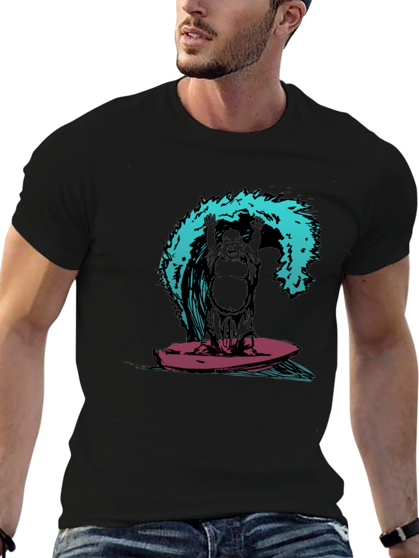 Surfing Buddha Graphic T-Shirt - Black